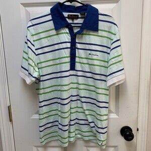 Ben Sherman Men's Golf Shirt Polo Blue green Striped 100% Cotton XL Collared